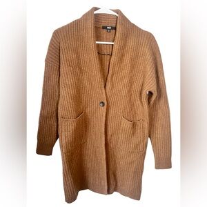 Uniqlo Sweater Women’s Wool Small Cardigan Coat Brown Ribbed Cottage Cozy Pocket